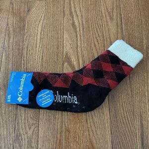 Columbia Women’s Crew Socks Buffalo Plaid Black Red Fleece Sizes 4-10 Non-Skid